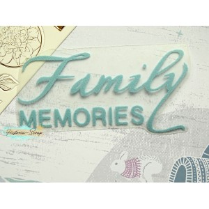 Надпись из термотрансфера "Family memories", цвет голубой флок, ширина 99 мм